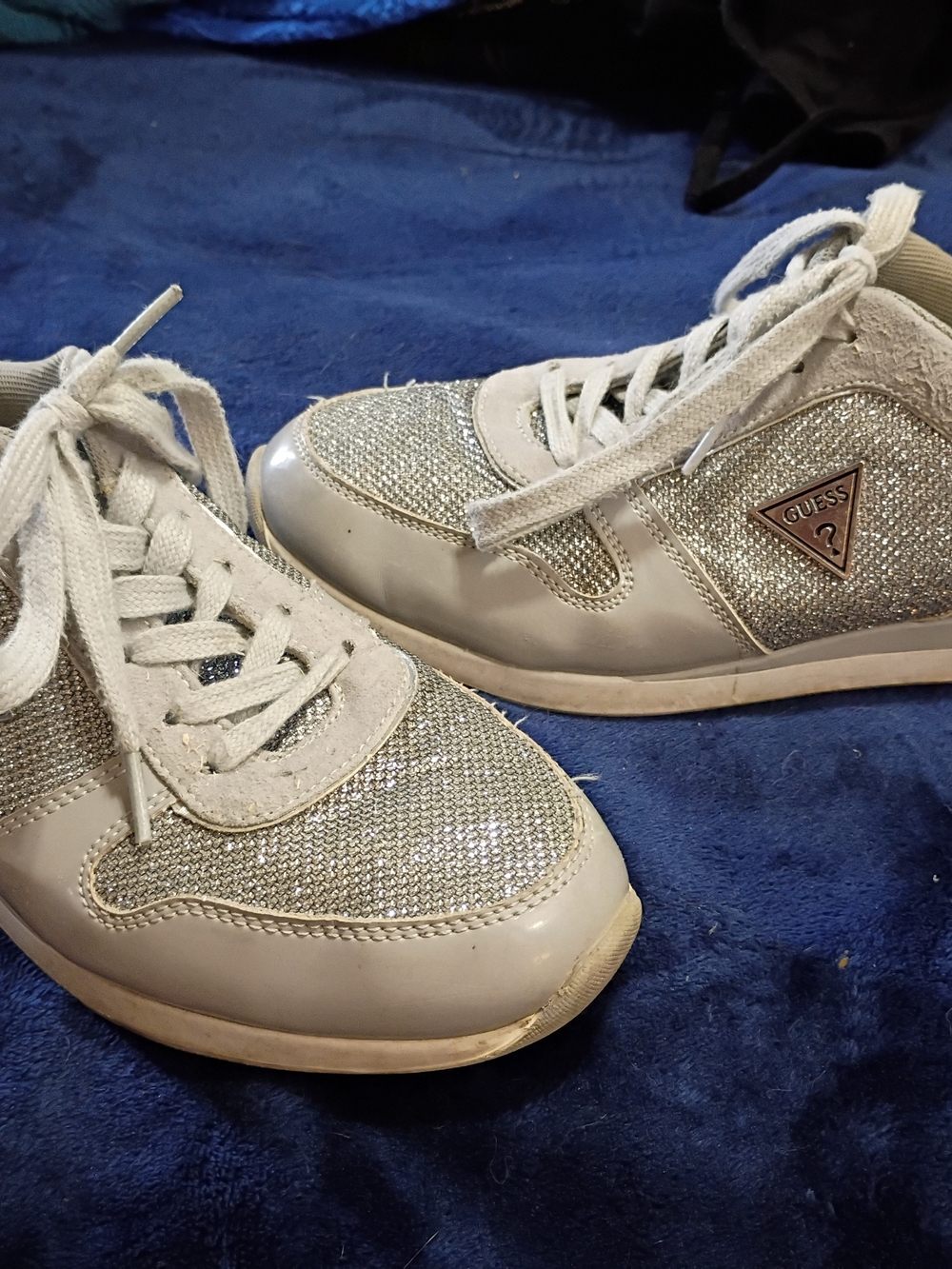 GUESS Women's Glitter Accent Lace-Up Sneakers - Light Silver
